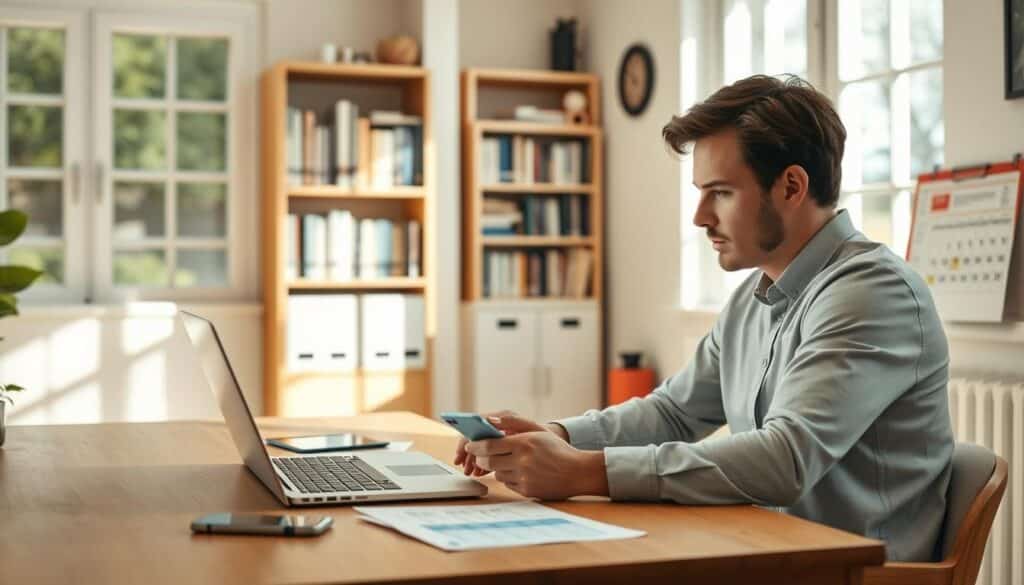 A bright, well-lit home office with a laptop, smartphone, and credit card statements on a wooden desk. A person intently focused on monitoring their credit score on the laptop screen, brow furrowed in concentration. The room is bathed in soft, natural light streaming through large windows, creating a calm, organized atmosphere. The person's posture conveys a sense of responsibility and attention to detail as they review their financial information. In the background, a bookshelf filled with finance-related books and a calendar on the wall serve as subtle reminders of the importance of credit management.