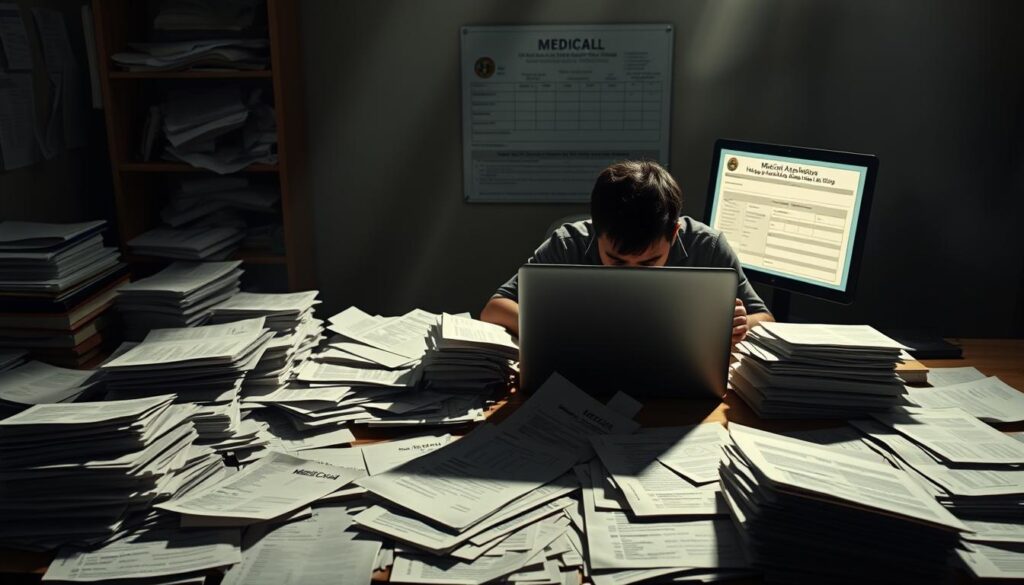 A cluttered desk with piles of paperwork, a stressed-out person sitting in front of a laptop, and a looming Medicaid application form on the screen. The lighting is harsh, casting dramatic shadows across the scene. The middle ground features an array of medical bills and confusing insurance documents, while the background is hazy, suggesting the overwhelming complexity of the Medicaid system. The overall atmosphere conveys the frustration and uncertainty faced by individuals navigating the Medicaid enrollment process.