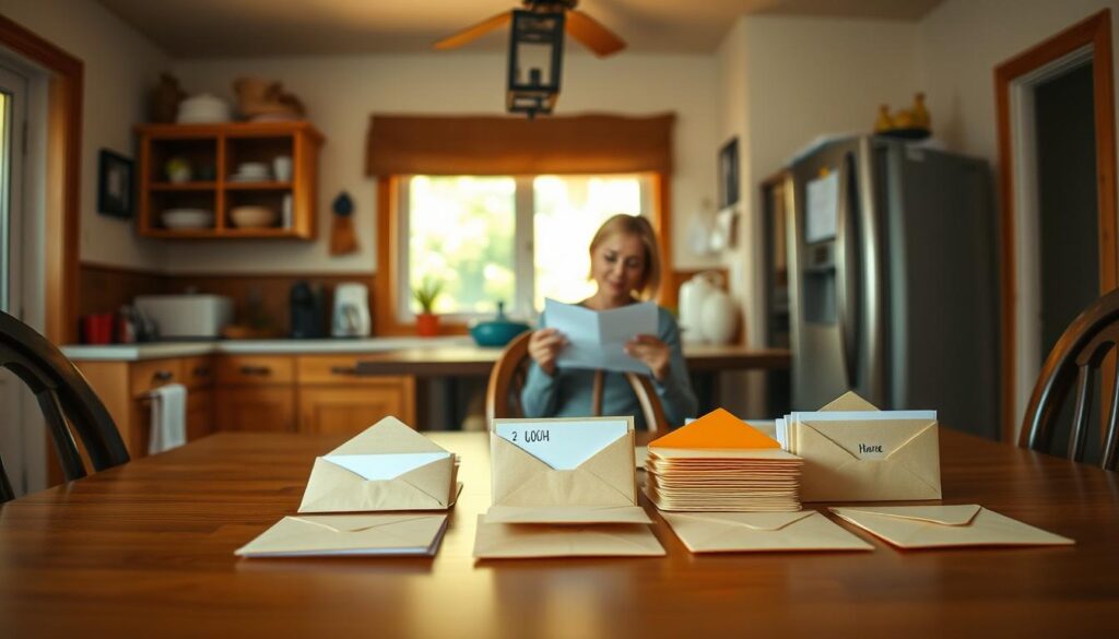 A cozy kitchen interior, with a wooden table in the foreground displaying various budgeting envelopes, each labeled with different expense categories. In the middle ground, a woman sits at the table, carefully organizing her finances. The background features warm, natural lighting filtering through a window, creating a welcoming atmosphere. The overall scene conveys a sense of frugal living, with a focus on the envelope budgeting system as a practical solution for families to manage their finances effectively.