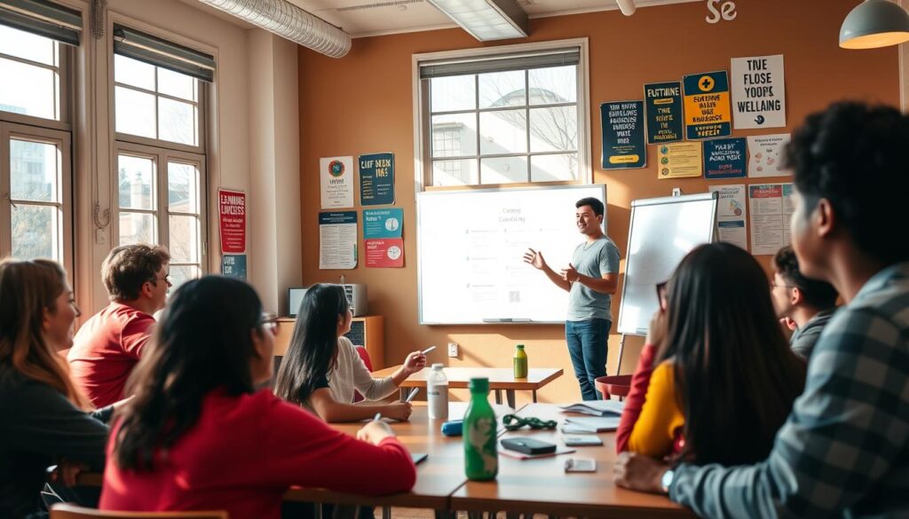 A cozy, well-lit classroom setting, with sunlight streaming through large windows. In the foreground, a group of diverse students, from various backgrounds, engaged in lively discussions and collaborative learning. In the middle ground, a friendly, approachable instructor gesturing while explaining a concept on a digital whiteboard. The background features a warm, inviting atmosphere, with motivational posters and learning resources lining the walls, creating an inclusive and supportive environment for free English language learning.