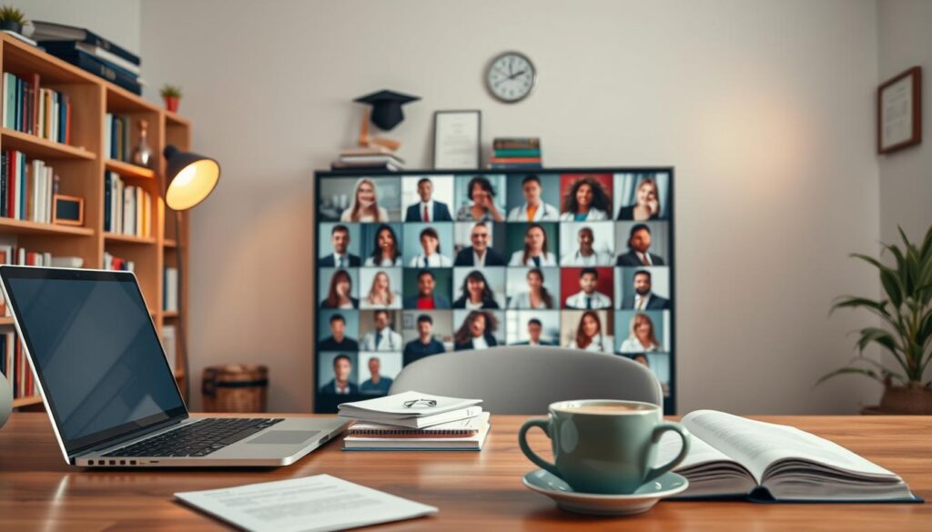 A cozy, well-lit home office with a laptop, textbooks, and a cup of coffee on a wooden desk. In the middle ground, a group of diverse students collaborating on a virtual classroom, their faces visible in a grid of video calls. In the background, a bookshelf filled with medical and nursing references, a graduation cap, and a framed diploma hang on the wall, conveying the sense of education and professional development. Soft, warm lighting casts a inviting glow, creating a comfortable, focused atmosphere for online nursing education.