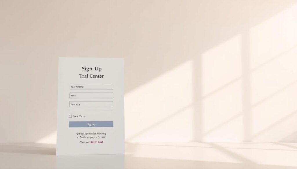 A crisp, clean sign-up form for the Shein Trial Center stands prominently in the foreground, bathed in warm, natural lighting. The form features sleek, minimalist design elements and intuitive input fields, inviting the user to effortlessly provide their information. In the middle ground, a serene, uncluttered backdrop of soft greys and whites creates a sense of simplicity and focus, drawing the eye to the sign-up process. The overall mood is one of efficiency, accessibility, and the promise of exclusive fashion opportunities, setting the stage for the user's seamless journey to claim their Shein trial.