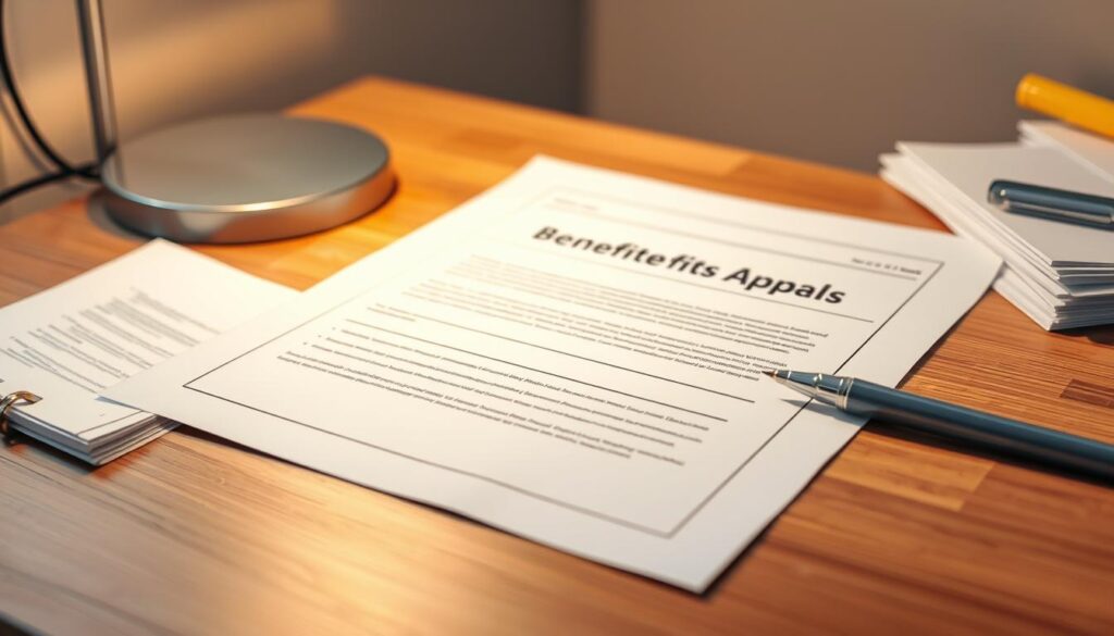 A denied benefits appeal form rests on a wooden desk, illuminated by soft, warm lighting from a desk lamp. The form's crisp, official layout commands attention, its stark black-and-white design reflecting the seriousness of the appeal process. Surrounding the form are carefully arranged office supplies - a pen, a highlighter, a stack of reference documents - conveying a sense of diligent preparation. The composition is framed by the clean, minimalist aesthetics of the desk, creating a professional, yet slightly somber atmosphere, reflecting the gravity of the situation faced by the individual filing the appeal.