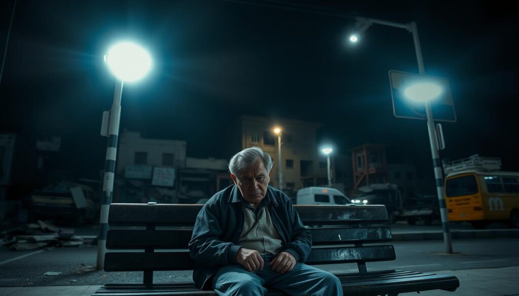 A desolate bus stop under dim streetlights, with a weary-looking person sitting on a worn bench, their expression conveying the frustration of navigating the challenges of accessing transportation assistance. In the background, a cluttered urban landscape with crumbling infrastructure and a sense of neglect. The lighting is moody and somber, casting long shadows and emphasizing the isolation and difficulty of the situation. The scene is captured from a slightly elevated angle, emphasizing the overwhelming nature of the obstacles faced by those in need of transportation support.