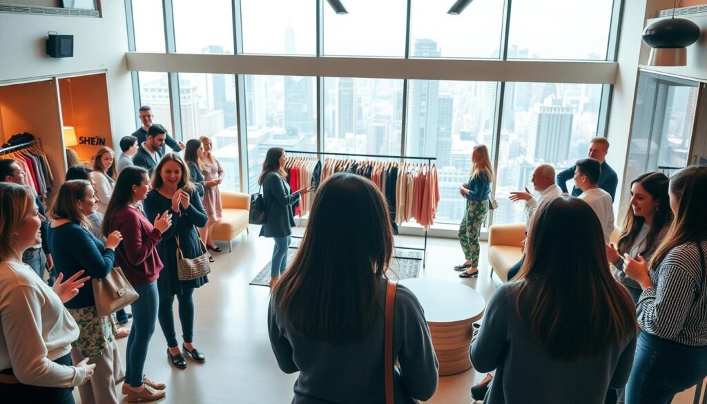 A lively and engaging community gathering at the Shein Trial Center, where fashion enthusiasts mingle and share their experiences. In the foreground, a group of friends excitedly discuss their latest Shein hauls, surrounded by a warm, inviting atmosphere. The middle ground features a well-lit, modern open-plan space with comfortable seating areas and a central display showcasing the latest Shein collections. In the background, a large window offers a glimpse of a bustling city skyline, setting the scene for a vibrant, urban community hub. The overall mood is one of camaraderie, creativity, and a shared passion for fashion.
