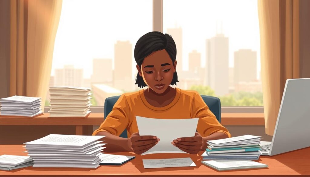 A meticulously rendered digital illustration depicting the post-application process for the Supplemental Nutrition Assistance Program (SNAP). In the foreground, a person sits at a desk, diligently reviewing documents and forms. Their expression is one of focused determination. In the middle ground, a stack of paperwork and a laptop computer symbolize the administrative tasks involved. The background features a softly blurred cityscape, hinting at the larger social context of the SNAP program. The lighting is warm and natural, creating a sense of thoughtful contemplation. The overall tone is one of careful attention to detail and the importance of the application process.
