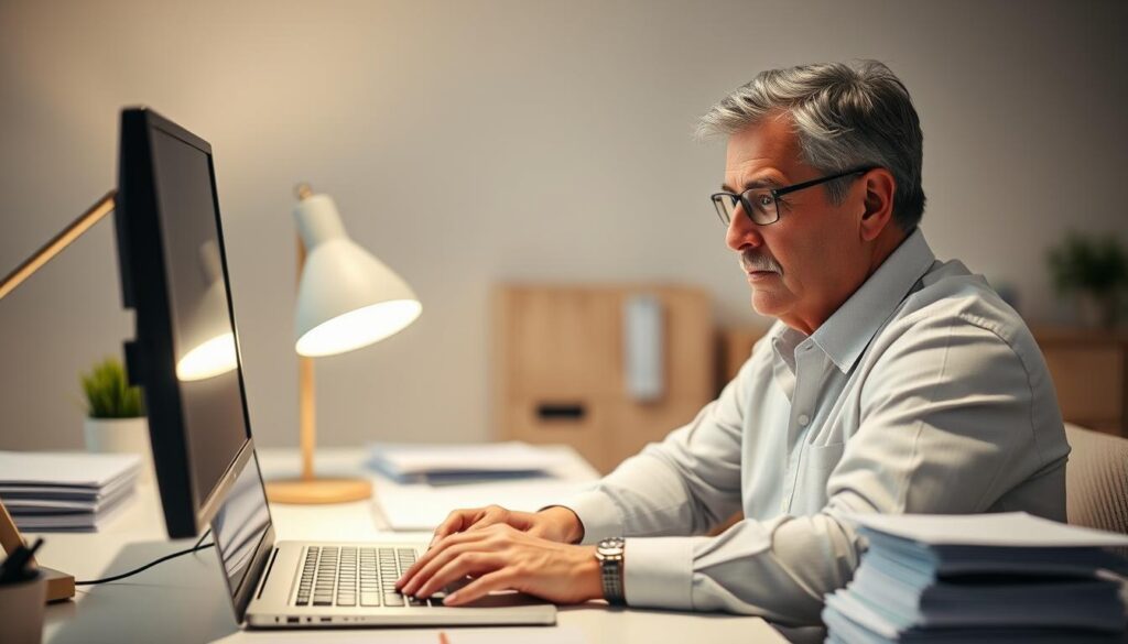 A middle-aged person sitting at a desk, intently focused on a laptop screen, surrounded by a clean, well-lit office environment. The desk is adorned with a sleek, modern monitor, a wireless keyboard, and a neatly organized stack of documents. Soft, warm lighting from a desk lamp casts a gentle glow, creating a professional and inviting atmosphere. The person's expression conveys a sense of determined concentration as they navigate the online application process for social security benefits. The background is blurred, allowing the viewer to focus on the central figure and the task at hand.