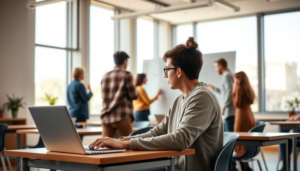 A modern, airy classroom setting with students engaged in online learning. In the foreground, a young adult student sits at a desk, laptop open, focused on their screen. In the middle ground, several students collaborate on a virtual whiteboard, gesturing as they discuss their coursework. The background features floor-to-ceiling windows, letting in soft, natural light that illuminates the room. Warm, earthy tones create a comfortable, inviting atmosphere. The overall scene conveys a sense of productivity, collaboration, and personal growth within the context of online career development classes.
