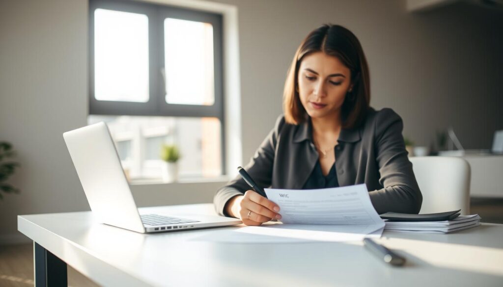 A modern and minimalist office setting, with a woman sitting at a desk filling out a WIC application form. The desk is clean and organized, with a laptop, pen, and a stack of documents. The woman's expression is focused, conveying the seriousness of the application process. Soft, natural lighting streams in through a window, creating a warm and inviting atmosphere. The background is blurred, allowing the viewer to concentrate on the application process. The scene is captured with a shallow depth of field, emphasizing the importance of the task at hand.