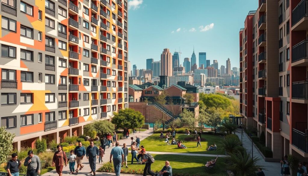 A modern high-rise public housing complex, its facade adorned with bold geometric patterns and vibrant colors. In the foreground, a group of diverse residents navigate the communal spaces, engaged in everyday activities like chatting, playing, and attending to their homes. The middle ground reveals a well-maintained landscaped area, with benches and trees providing a serene setting. In the background, the cityscape rises, a mix of towering skyscrapers and historic buildings, symbolizing the integration of public housing within the urban fabric. Soft, directional lighting casts warm shadows, conveying a sense of community and livability within this public housing development.