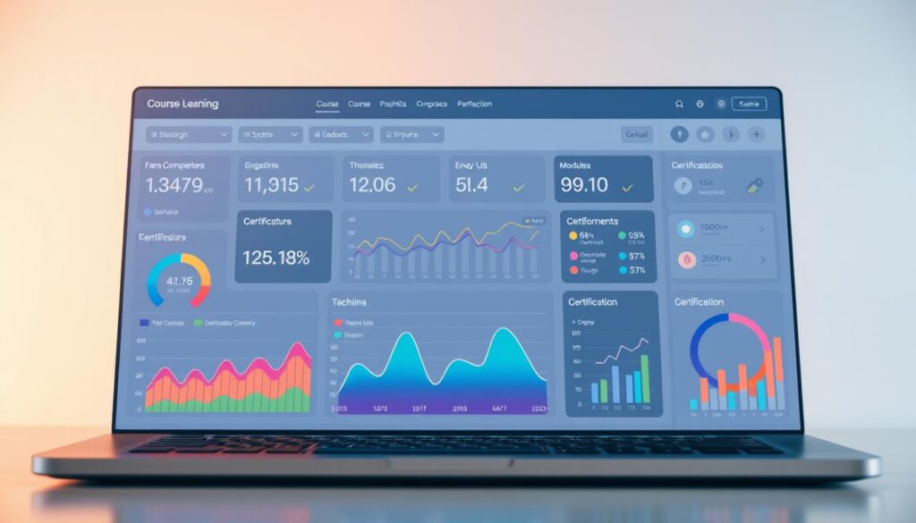 A modern, interactive dashboard displays a visually compelling course progress tracking system. In the foreground, vibrant graphs and charts illustrate course completion rates, module progress, and certification status. The middle ground features a clean, minimalist interface with intuitive controls and toggles to customize the data visualization. The background has a soft, gradient-based color scheme that creates a calming, professional atmosphere. Lighting is diffused and natural, with a slight vignette effect to draw the eye towards the center of the composition. The overall mood is one of clarity, organization, and a sense of accomplishment in online learning.