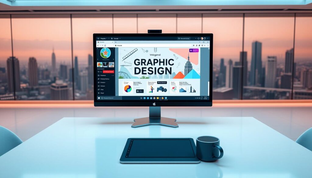 A modern, minimalist online classroom with a sleek, digital aesthetic. The foreground features a large computer screen displaying a virtual graphic design course, with a clean interface and vibrant design elements. In the middle ground, a stylized desk with a drawing tablet, mouse, and coffee mug creates a productive work environment. The background showcases a panoramic city skyline, hinting at the global reach and accessibility of these online educational opportunities. Soft, diffused lighting bathes the scene in a warm, inviting glow, reflecting the future-forward nature of this graphic design learning experience.