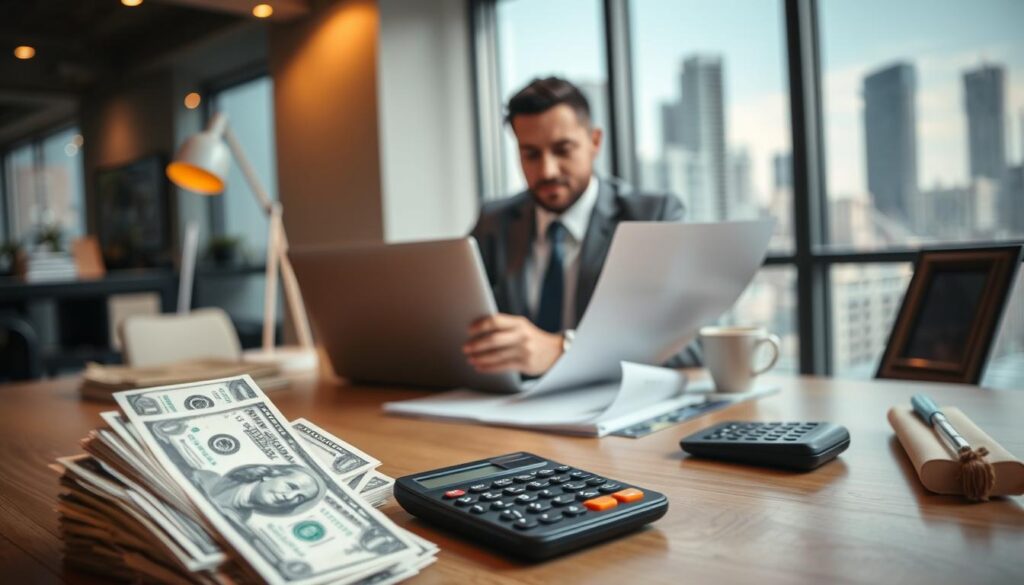A modern office interior with a businessman reviewing financial documents on a laptop. In the foreground, a stack of U.S. dollar bills and a calculator symbolize the financial aspects of student loan refinancing. In the middle ground, the desk features a lamp, a cup of coffee, and a framed diploma, hinting at the educational context. The background showcases a window with a cityscape, suggesting the broader financial landscape. The lighting is warm and inviting, creating a professional yet approachable atmosphere. The camera angle is slightly elevated, providing an overview of the scene.