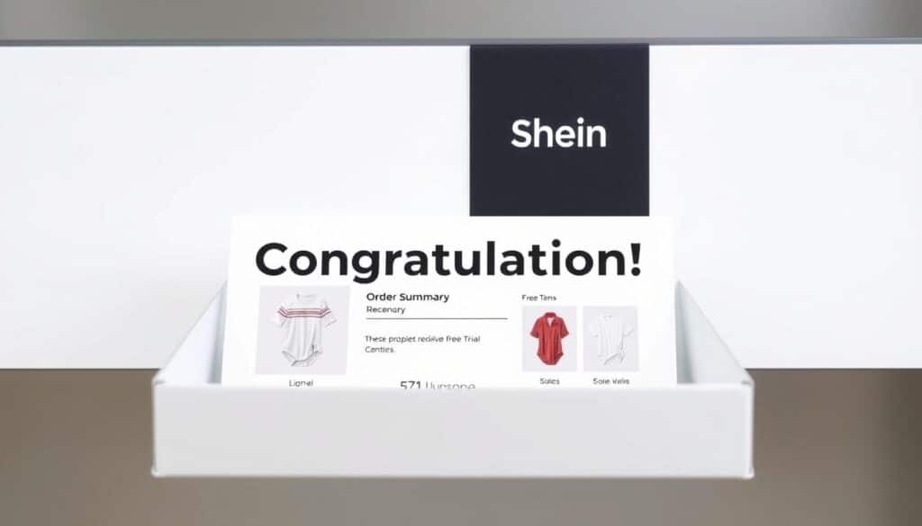 A neatly organized confirmation screen displays a Shein logo against a clean, minimalist background. The user interface features a prominent "Congratulations!" message, accompanied by a clear order summary and a stylized check mark icon. Crisp product images showcase the items received, complemented by a smooth, modern layout and a simple color palette of whites, grays, and subtle accents. The scene conveys a sense of satisfaction and accomplishment, inviting the viewer to imagine the exciting prospect of receiving free clothes from the Shein Trial Center.