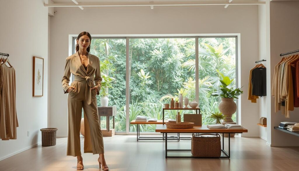 A serene, minimalist fashion showroom with clean lines and natural lighting. In the foreground, a model showcases a beautifully tailored sustainable garment made from organic materials like bamboo or recycled fabrics. The mid-ground features a display of thoughtfully curated eco-friendly accessories and lifestyle products. In the background, a panoramic window overlooks a lush, verdant garden, symbolizing the harmony between fashion and nature. The overall atmosphere conveys a sense of calm, sophistication, and a commitment to environmental responsibility.