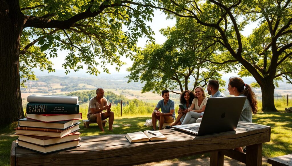 A serene, sun-dappled outdoor setting, featuring a weathered wooden bench under a canopy of lush, verdant trees. In the foreground, a stack of textbooks and a laptop symbolize the self-guided journey of learning, while the middle ground showcases a group of diverse individuals engaged in animated discussion, their faces alight with the joy of discovery. The background depicts a panoramic vista of rolling hills, hinting at the boundless possibilities afforded by the free online courses on display. The overall atmosphere conveys a sense of tranquility, empowerment, and the transformative power of accessible education.