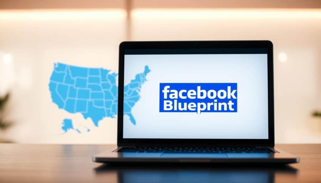 A sleek, modern image showcasing Facebook Blueprint digital marketing certification courses in the USA. In the foreground, a laptop screen displays the Facebook Blueprint logo against a soft, blurred background. Behind it, a stylized world map highlights the United States, with icons representing online learning and digital marketing certifications. The overall scene is lit by a warm, inviting glow, conveying a sense of professionalism and expertise in the field of digital marketing. The composition is balanced, with clean lines and a minimalist aesthetic, reflecting the precision and clarity of the certification program.