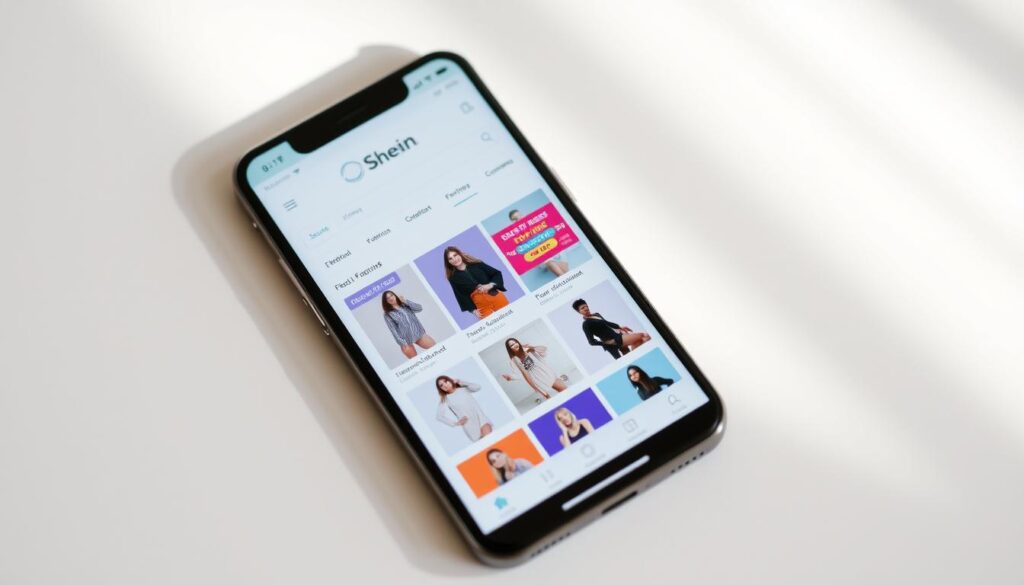 A sleek, modern mobile device displaying the Shein app homepage, showcasing a vibrant array of product images and discounted prices against a clean, minimalist background. The screen is illuminated by soft, natural lighting, creating a welcoming and inviting atmosphere. The app interface is intuitively designed, with clear navigation options and eye-catching sales banners, enticing the viewer to explore the latest fashion deals. The overall composition conveys a sense of accessibility, highlighting the convenience and value proposition of the Shein shopping experience on a smartphone.