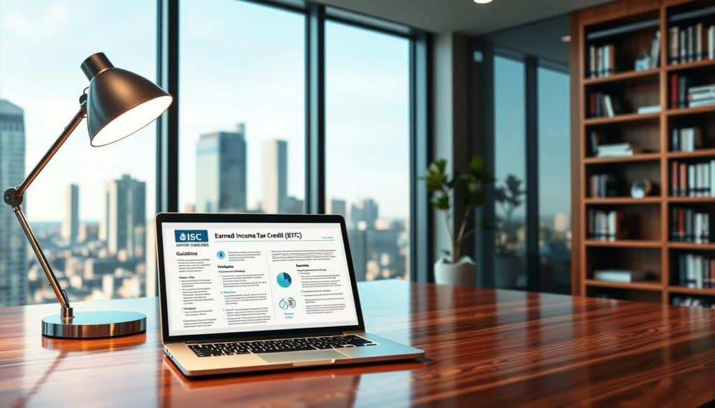 A sleek, modern office interior with a large window overlooking a cityscape. On a polished wooden desk, an open laptop displays IRS guidelines on the Earned Income Tax Credit (EITC), with clean infographics and easy-to-understand information. A nearby desk lamp casts a warm, focused light on the materials, creating a professional, helpful atmosphere. Bookshelves line the walls, suggesting a space dedicated to tax guidance and financial resources. The overall scene conveys a sense of clarity, organization, and accessibility for those seeking assistance with the EITC.