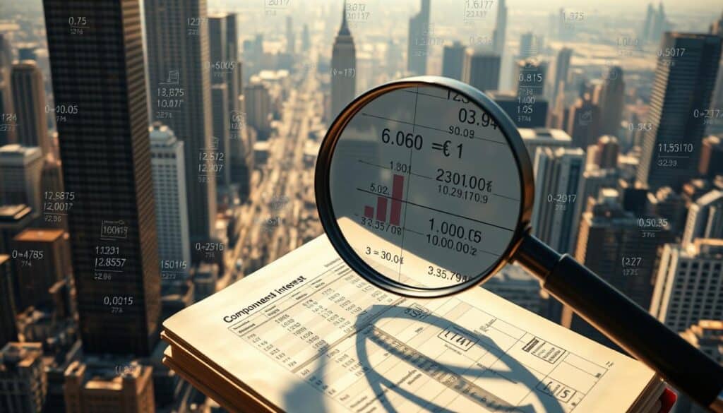A sprawling cityscape, its towering skyscrapers casting long shadows across the bustling streets below. In the foreground, a magnifying glass hovers, its lens capturing the intricate details of a financial ledger, the figures within dancing with the power of compound interest. The background is a tapestry of charts, graphs, and equations, each element weaving together to illustrate the relentless march of inflation and its impact on the growth of wealth over time. Soft, warm lighting bathes the scene, evoking a sense of contemplation and understanding, as the viewer is drawn into the mechanics of this powerful financial principle.