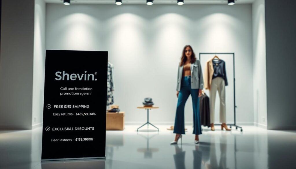 A stylish and modern advertisement for Shein's clothing promotion terms, captured in a clean, well-lit studio setting. In the foreground, a sleek, minimalist display showcases the key points of the program, such as free shipping, easy returns, and exclusive discounts. The midground features a tasteful arrangement of various Shein apparel items, expertly styled to highlight the brand's fashion-forward aesthetic. In the background, a subtle gradient or textured wall provides a sophisticated backdrop, drawing the viewer's eye to the central promotional elements. The overall mood is one of professionalism, attention to detail, and a sense of aspirational lifestyle associated with the Shein brand.
