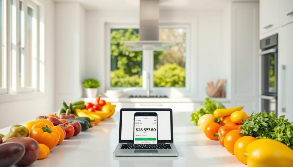 A sunny, airy kitchen filled with fresh produce, an open laptop, and a phone displaying online grocery savings. Soft, diffused lighting highlights a crisp, minimal aesthetic. Rows of vibrant fruits and vegetables in the foreground lead the eye to the digital devices on a spotless countertop, conveying the convenience and affordability of online grocery shopping. The mid-ground showcases sleek, modern appliances, while the background features clean, white cabinetry and a window overlooking a lush, verdant landscape. This serene, inviting scene captures the essence of savvy, cost-effective grocery shopping in the digital age.