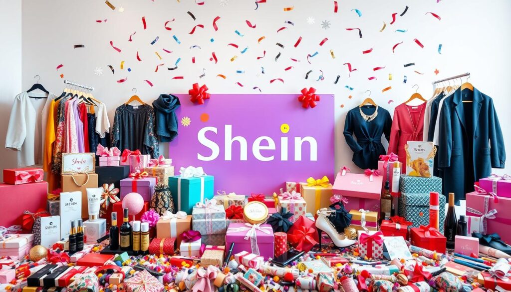 A vibrant and eye-catching display of Shein giveaway products arranged in a visually appealing manner. In the foreground, an array of stylish clothing items, accessories, and beauty products fill the frame, inviting the viewer to explore the enticing offerings. The middle ground showcases the Shein logo prominently, surrounded by a dynamic composition of various gift boxes, ribbons, and confetti, creating a sense of excitement and anticipation. The background features a minimalist, clean backdrop, allowing the Shein giveaway elements to take center stage and captivate the audience. The lighting is soft and diffused, highlighting the product details and lending an air of sophistication to the scene. The overall mood is one of celebration, generosity, and the allure of free, high-quality Shein items.