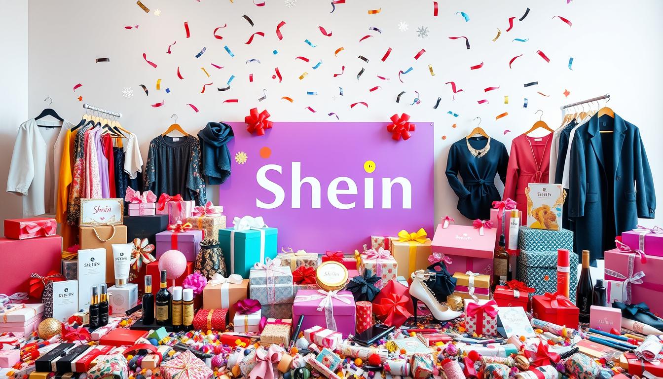 A vibrant and eye-catching display of Shein giveaway products arranged in a visually appealing manner. In the foreground, an array of stylish clothing items, accessories, and beauty products fill the frame, inviting the viewer to explore the enticing offerings. The middle ground showcases the Shein logo prominently, surrounded by a dynamic composition of various gift boxes, ribbons, and confetti, creating a sense of excitement and anticipation. The background features a minimalist, clean backdrop, allowing the Shein giveaway elements to take center stage and captivate the audience. The lighting is soft and diffused, highlighting the product details and lending an air of sophistication to the scene. The overall mood is one of celebration, generosity, and the allure of free, high-quality Shein items.