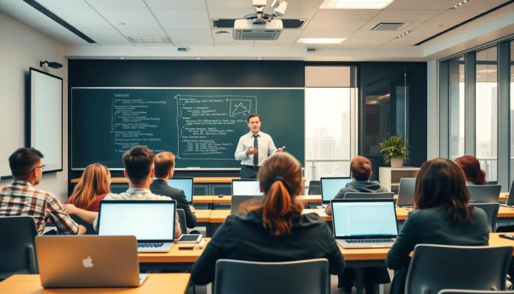A well-lit classroom with a chalkboard and projector screen at the front. In the foreground, a group of developers intently studying programming concepts on their laptops. The middle ground features a lecturer gesturing animatedly, explaining complex algorithms on the chalkboard. The background showcases a modern, tech-savvy office environment with sleek furniture and large windows overlooking a bustling city skyline. The overall mood is one of focused learning, problem-solving, and professional development.