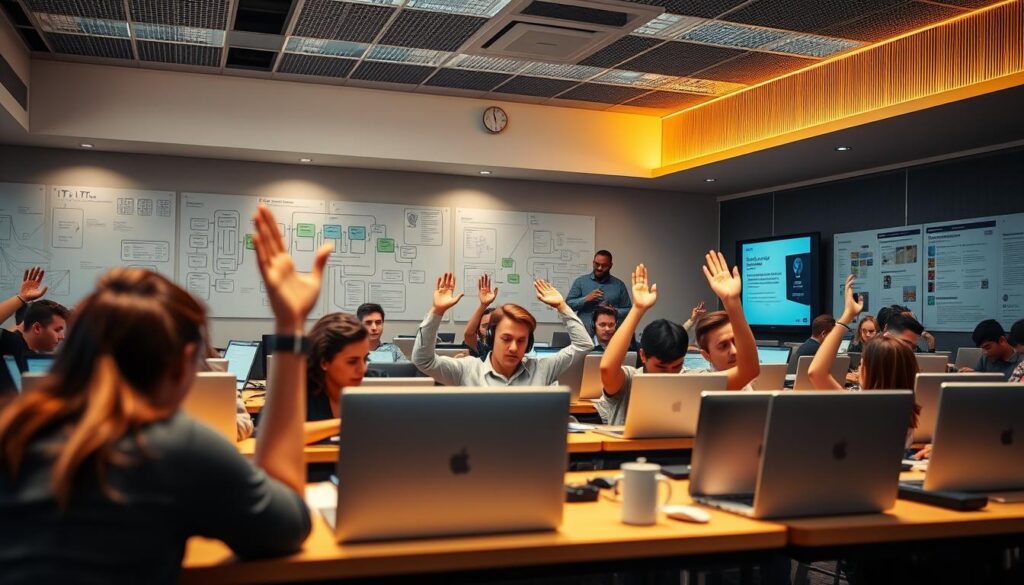 A well-lit classroom with rows of students intently focused on their laptops, hands raised as they seek guidance from a knowledgeable IT support instructor pacing the room. The walls adorned with technical diagrams and troubleshooting flowcharts, creating an atmosphere of practical, real-world learning. Warm, directional lighting illuminates the scene, casting a professional, educational vibe. The students' expressions convey a sense of engagement and problem-solving, as they hone their IT support skills in a dynamic, hands-on setting.