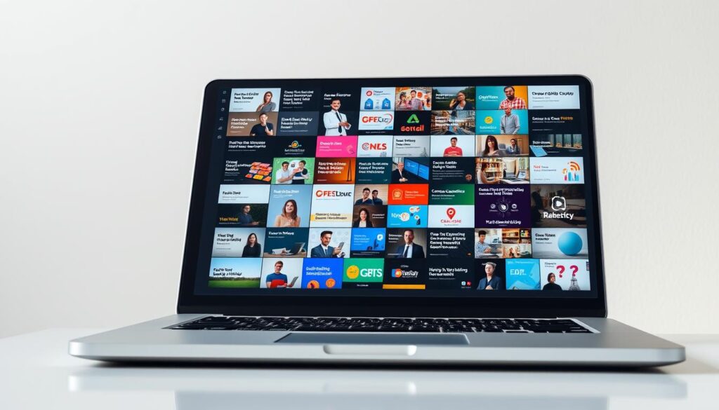 A well-lit, high-resolution image of a wide variety of specialized online business courses and certifications displayed on a sleek, modern laptop against a clean, minimalist background. The laptop's screen showcases a diverse selection of course thumbnails, including topics like entrepreneurship, marketing, finance, and management. The overall composition exudes a sense of professionalism, accessibility, and the opportunity for self-improvement through online learning. The lighting is soft and natural, creating a warm, inviting atmosphere that encourages the viewer to explore the available courses.