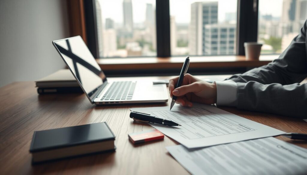 A well-lit office interior, a wooden desk with a laptop, papers, and a pen. In the foreground, a person's hands are filling out a bank account closure form. On the desk, a checkbook, a bank card, and a bank statement are visible. The background shows a window overlooking a cityscape, with a sense of professionalism and attention to detail. The lighting is soft and natural, creating a calm and focused atmosphere. The composition emphasizes the act of closing the account, with the person's hands and the relevant documents taking center stage.