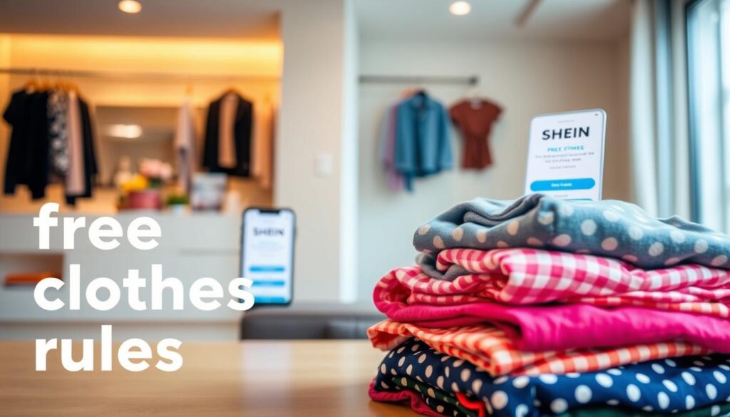 A well-lit, staged scene depicting the key elements of "Shein free clothes rules". In the foreground, a stack of stylish clothing items in trendy colors and patterns, neatly folded and presented as if ready to be claimed. In the middle ground, a mobile device or laptop screen displaying the Shein app or website, showcasing the free clothes offer and registration process. The background features a minimalist, clean interior design with warm lighting, conveying a sense of accessibility and simplicity. The overall mood is one of excitement and opportunity, inviting the viewer to explore the free clothes options available through Shein.