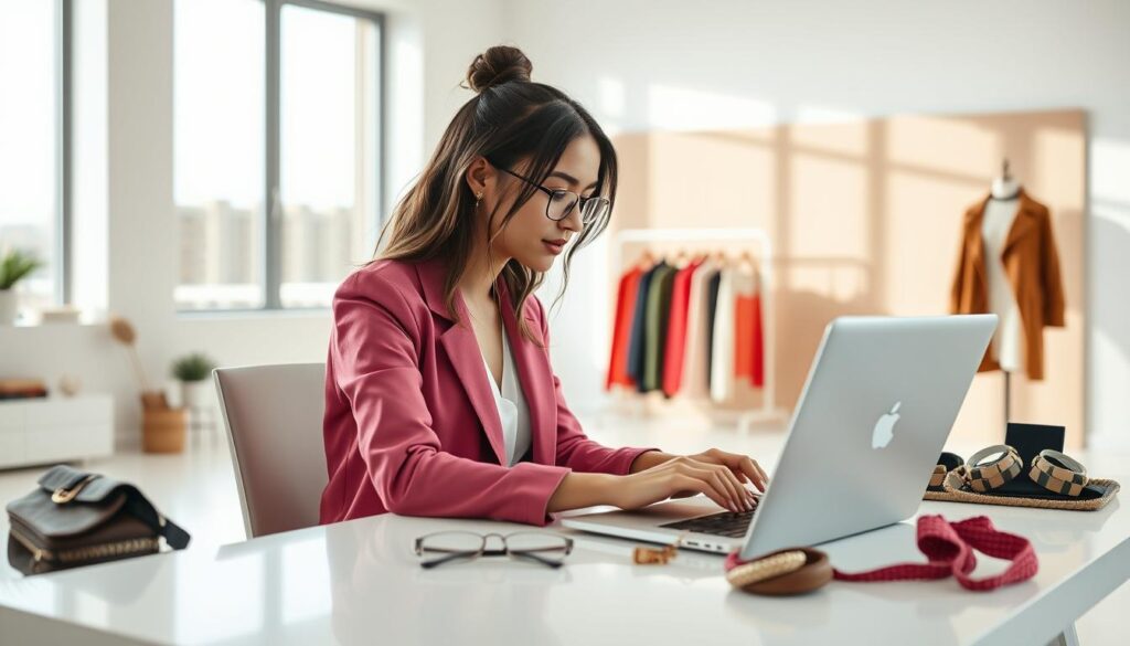 A well-lit studio setting featuring a stylish young woman exploring the Shein trial center registration process. In the foreground, she sits at a sleek, minimalist desk, intently focused on her laptop screen. Vibrant clothing samples and accessories are neatly arranged around her, hinting at the wealth of fashion options available. The middle ground showcases a modern, airy room with large windows, allowing natural light to flood the space and create a warm, inviting ambiance. In the background, a neutral-toned accent wall provides a clean, uncluttered backdrop, emphasizing the streamlined, aspirational nature of the scene. The overall mood is one of effortless sophistication, inspiring the viewer to maximize their Shein experience.