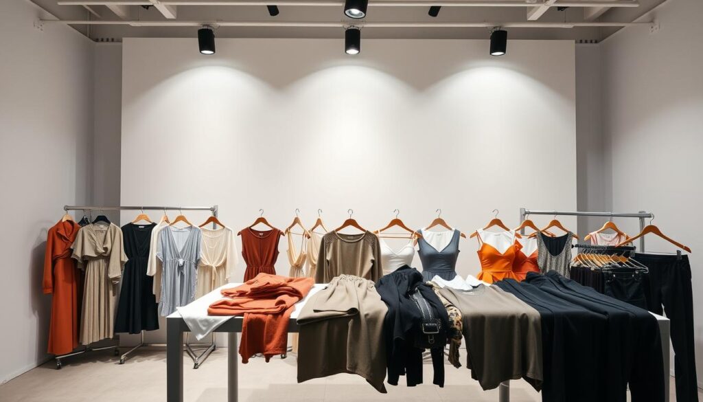 A well-lit studio space showcasing an assortment of trendy fashion items from Shein's trial collection. The foreground displays a variety of garments, including chic dresses, stylish tops, and sleek bottoms, neatly arranged on a modern, minimalist table. The middle ground features a clean, neutral-toned backdrop, allowing the products to take center stage. Subtle, directional lighting casts a soft, flattering glow over the scene, highlighting the fabric textures and colors. The overall atmosphere exudes a sense of high-quality, aspirational fashion, inviting the viewer to imagine themselves trying on and styling these potential new additions to their wardrobe.
