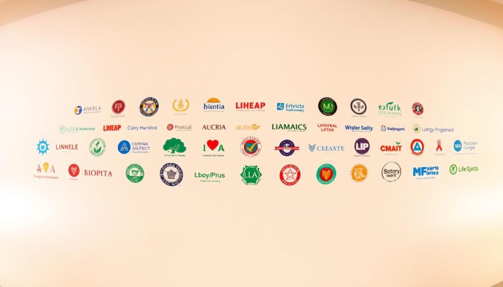 A wide panoramic view of various state-level LIHEAP program logos and insignias, arranged in a grid-like formation across a clean, minimalist background. The logos are rendered in a modern, flat design style with vibrant, contrasting colors that immediately capture the viewer's attention. The overall composition has a sense of order and organization, reflecting the systematic nature of these state-level energy assistance initiatives. Subtle, warm studio lighting casts a soft glow, enhancing the professional, authoritative tone. The angle is slightly elevated, giving the viewer a sense of overview and comprehension of the comprehensive network of LIHEAP programs across the United States.
