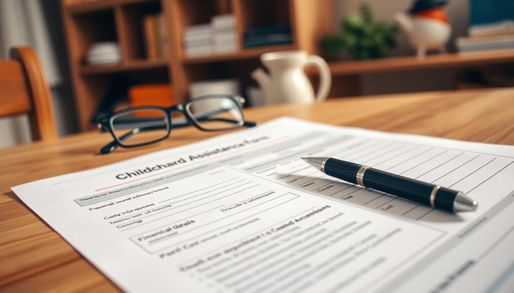 An intricate application form for childcare assistance, resting on a wooden desk with a warm, natural lighting. The foreground features the form's detailed sections, with carefully crafted fields for personal information, financial details, and childcare requirements. In the middle ground, a pen and a pair of reading glasses suggest the meticulous process of filling out the application. The background showcases a cozy, home-like setting, with a soft, muted color palette and hints of shelves or cabinets, conveying a sense of care and support for the applicant. The overall atmosphere is one of focus, diligence, and the importance of securing childcare assistance.