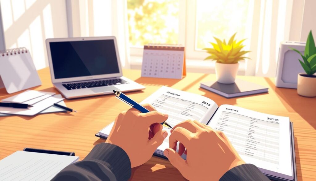 Detailed digital illustration showcasing the process of creating an expense tracking routine. A bright, modern home office setting with a neatly organized desk featuring a laptop, calendar, pen, and a notebook open to neatly-written expense entries. Warm, natural lighting floods the scene, creating a focused, productive atmosphere. In the foreground, a person's hands are seen carefully recording financial data, demonstrating the step-by-step method of building an effective expense tracking system. The overall composition conveys a sense of organization, efficiency, and financial mindfulness.