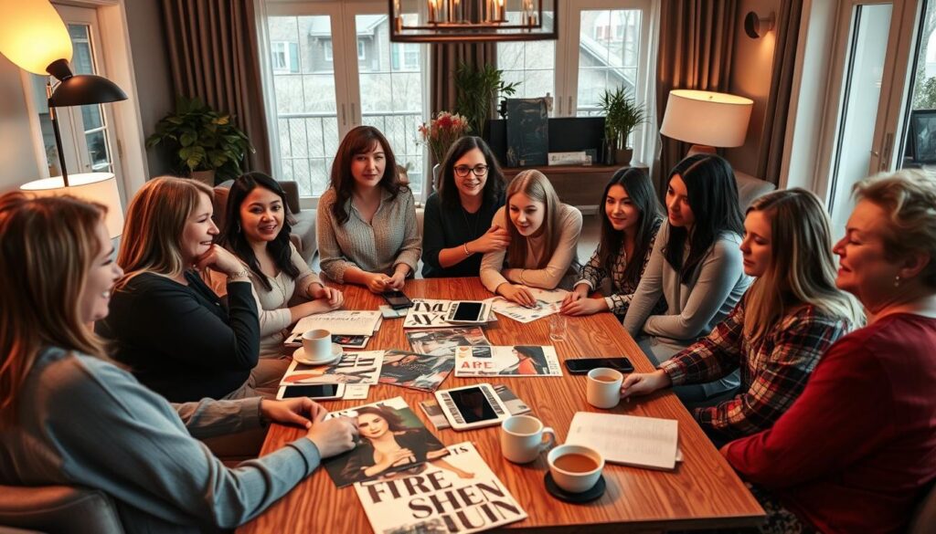 a community of people gathered around a table, discussing and sharing their experiences with free Shein clothes, their faces expressing a range of emotions - joy, curiosity, skepticism. The scene is set in a cozy, well-lit living room, with warm lighting from floor lamps and natural light filtering in through large windows. The table is adorned with various items - fashion magazines, mobile devices, and cups of coffee or tea. The overall atmosphere conveys a sense of open and honest dialogue, where people feel comfortable sharing their thoughts and opinions.