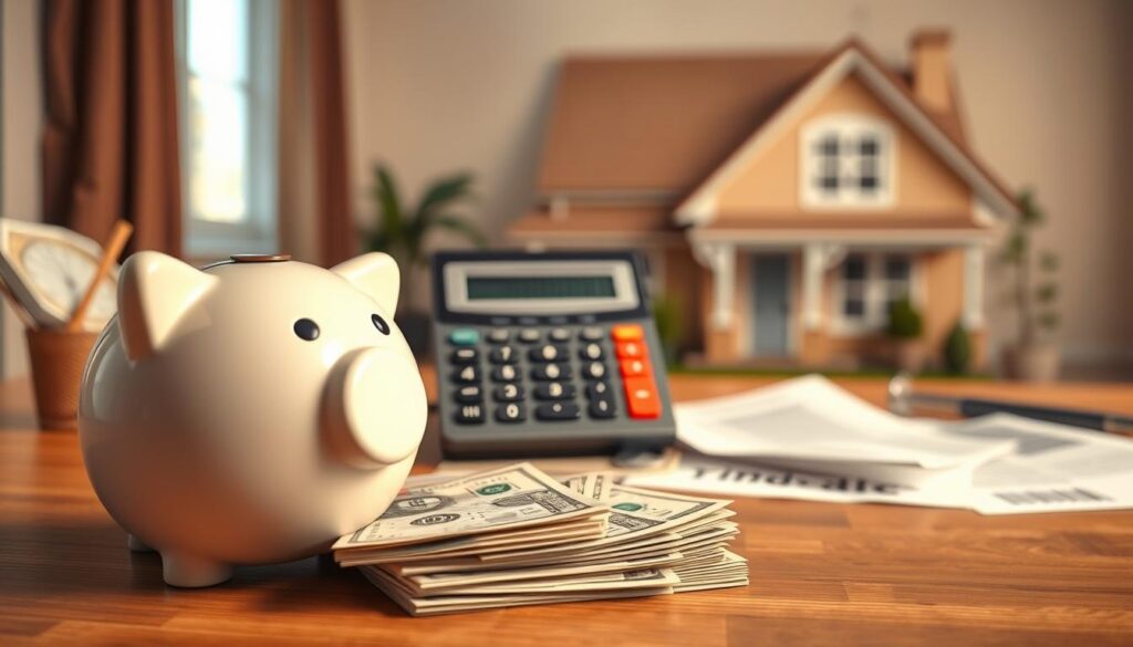 an emergency fund with stacks of cash in the foreground, a calculator and financial documents in the middle ground, and a family home in the background, all depicted in a warm, earthy color palette with soft, diffused lighting, creating a sense of financial security and stability